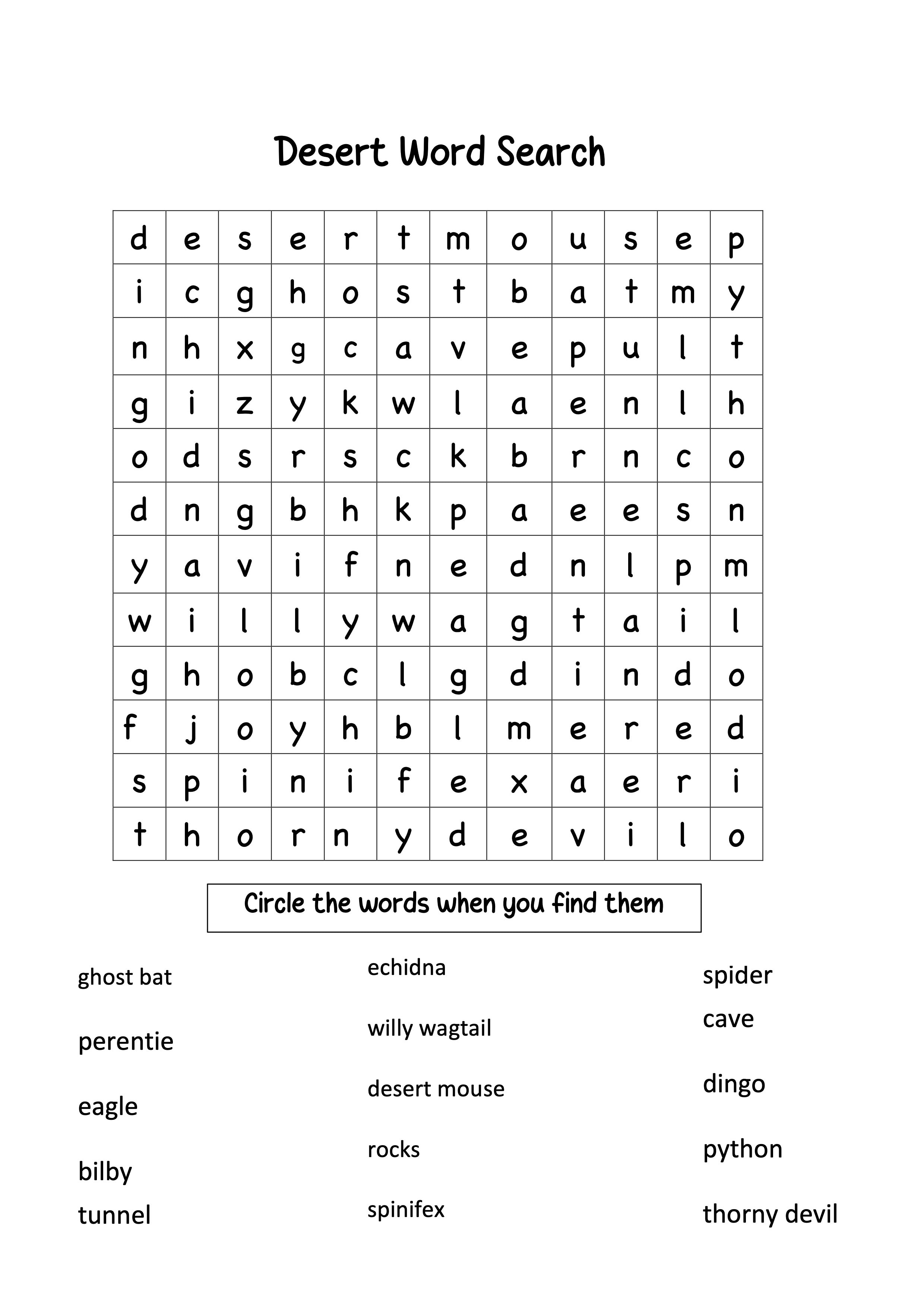 Desert word search puzzle with hidden words to circle
